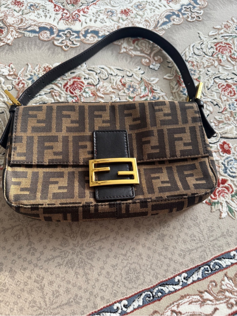 Fendi Brown FF Logo Baguette with Gold Buckle and Black Strap
